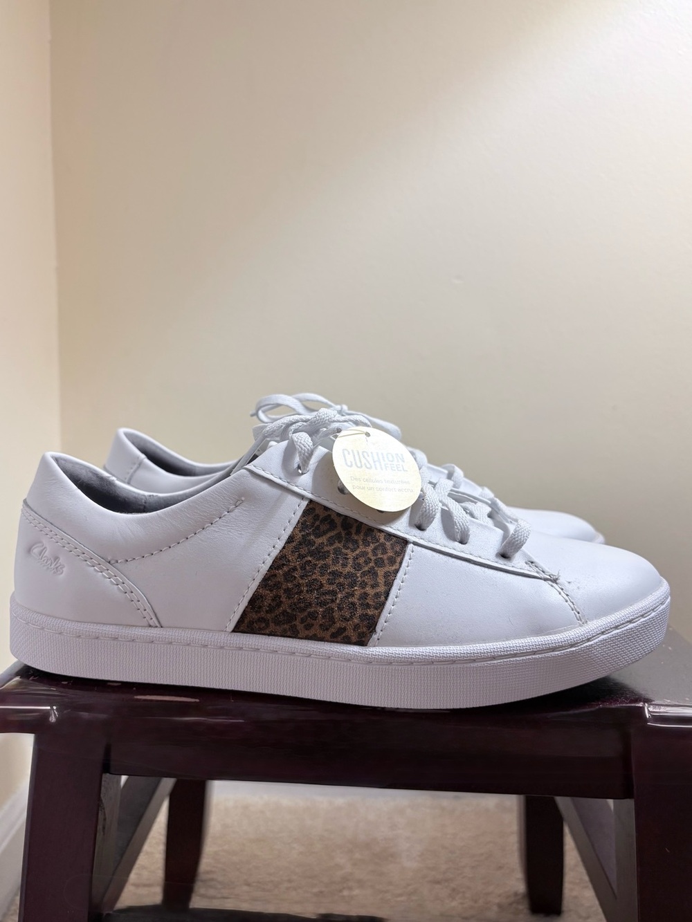 Clarks White Leather Sneakers with Leopard Panel